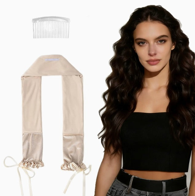 Lunara heatless curling band in beige with a model with wavy hair